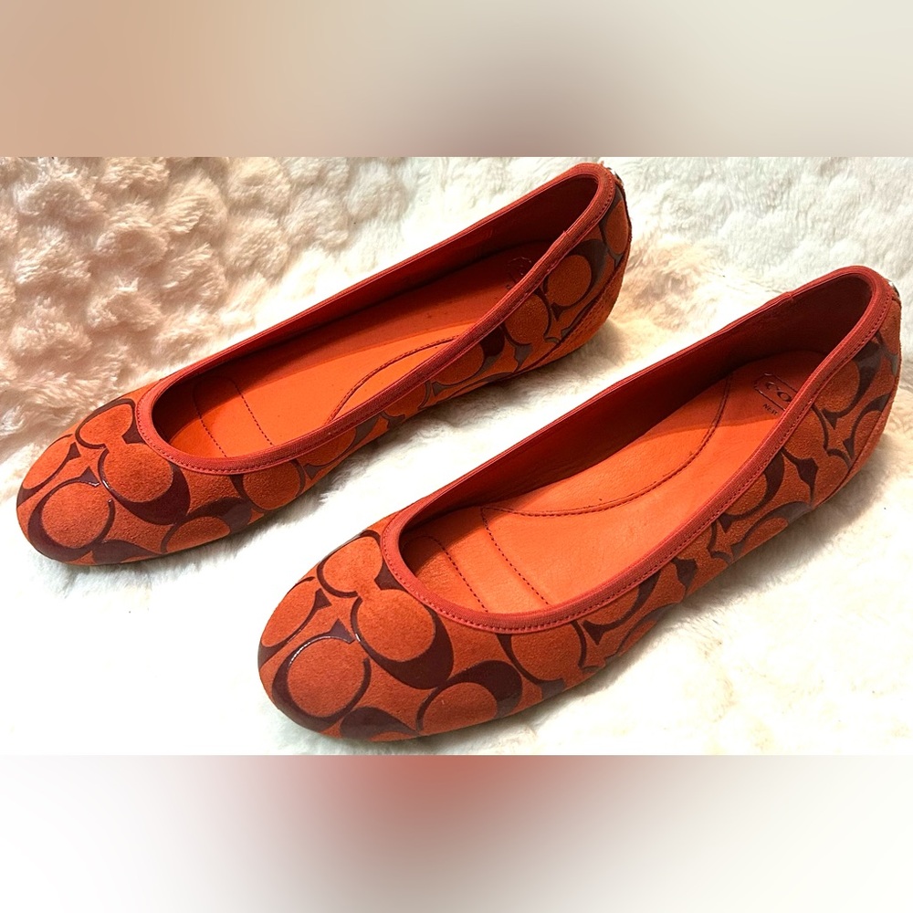 Coach Signature Suede Orange Red Ballet Flat slip on women’s size 7.5 - Picture 2 of 9